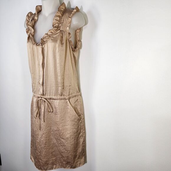 Ann Taylor LOFT Dress Size 0 Tan Ruffles Scoop Neck Pockets Tie Waist Sleeveless - Picture 5 of 11